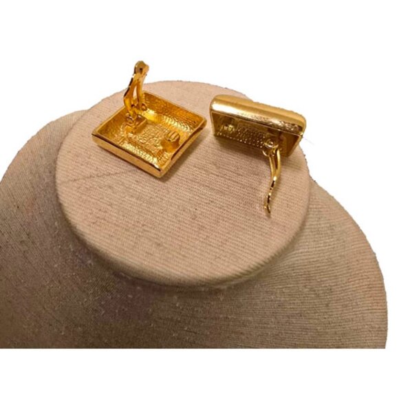 Vintage 80s/90s Clip Earrings Goldtone Square w Crystals Rhinestones Clip-on - Picture 3 of 4